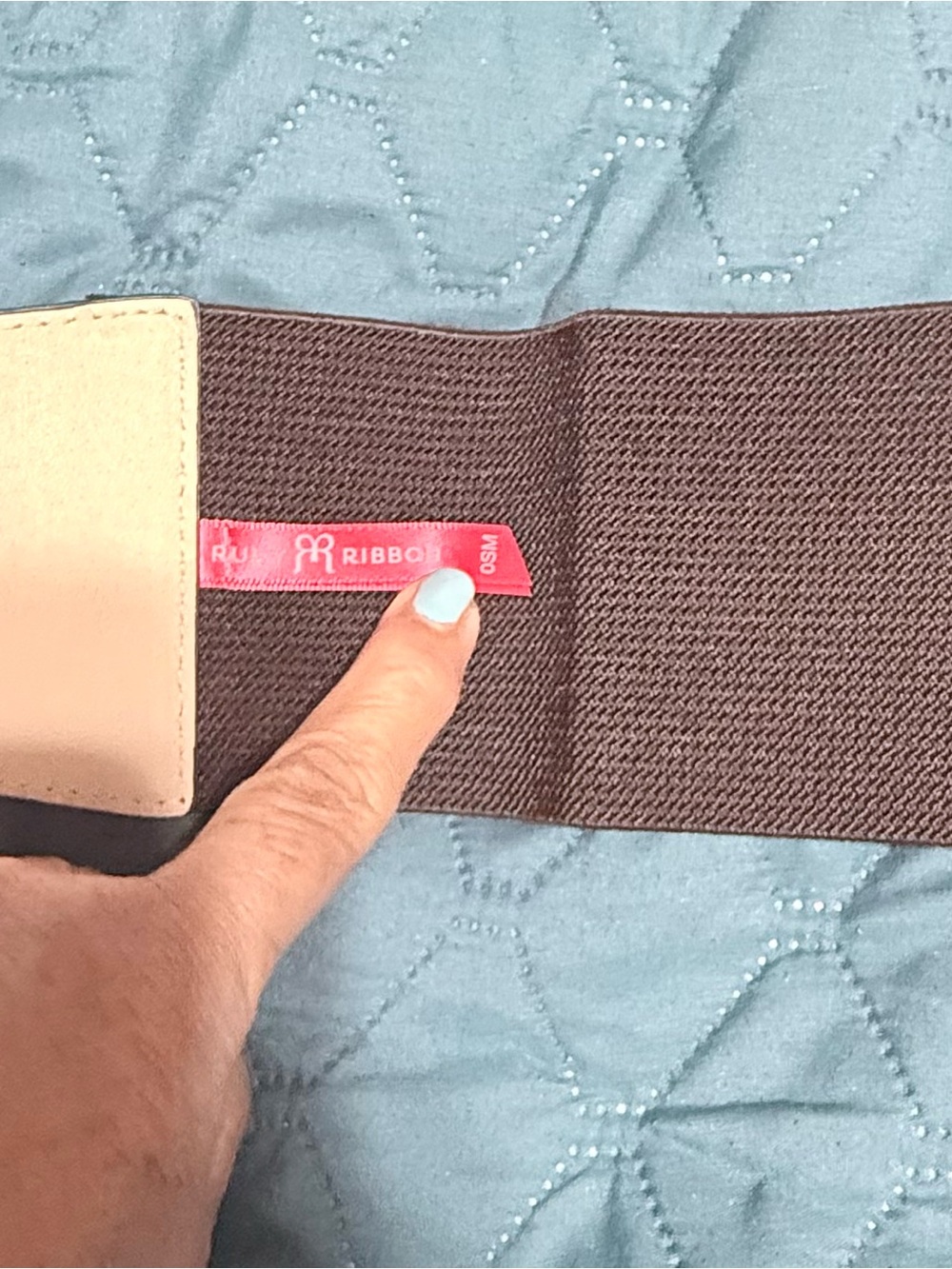 Ruby Ribbon Brown Stretch Waist Belt with Cream Accent and Pink Tag